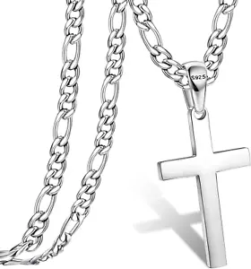 Cross Necklace for Men, 925 Sterling Silver Cross Pendant with Stainless Stee... - Picture 1 of 1