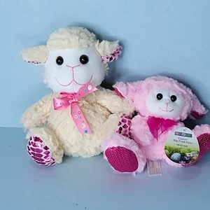 Pink Cream Lamb Sheep Plush Lot Of 2 Stuffed Animal 8" L Curly Mom Baby Easter - Picture 1 of 7