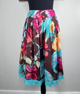 Carmen Marc Valvo 100% Silk Flared Pleated Skirt Women 6 Multicolor Floral Lace - Picture 1 of 12