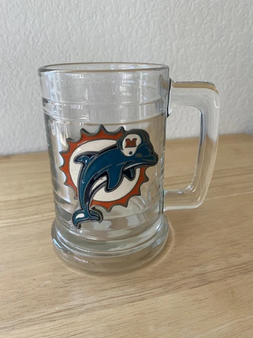 Vintage NFL Miami Dolphins Glass Beer Mug 5” Tall Cover