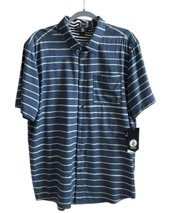 New Volcom Blue White Striped Modern Fit Short Sleeve Button-Up Shirt Men's XL - Picture 1 of 12
