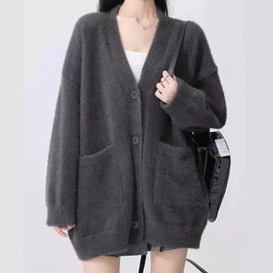 Autumn Winter Imitation Mink Velvet, Pocket Knitted Cardigan Sweater Jacket Top - Picture 1 of 17