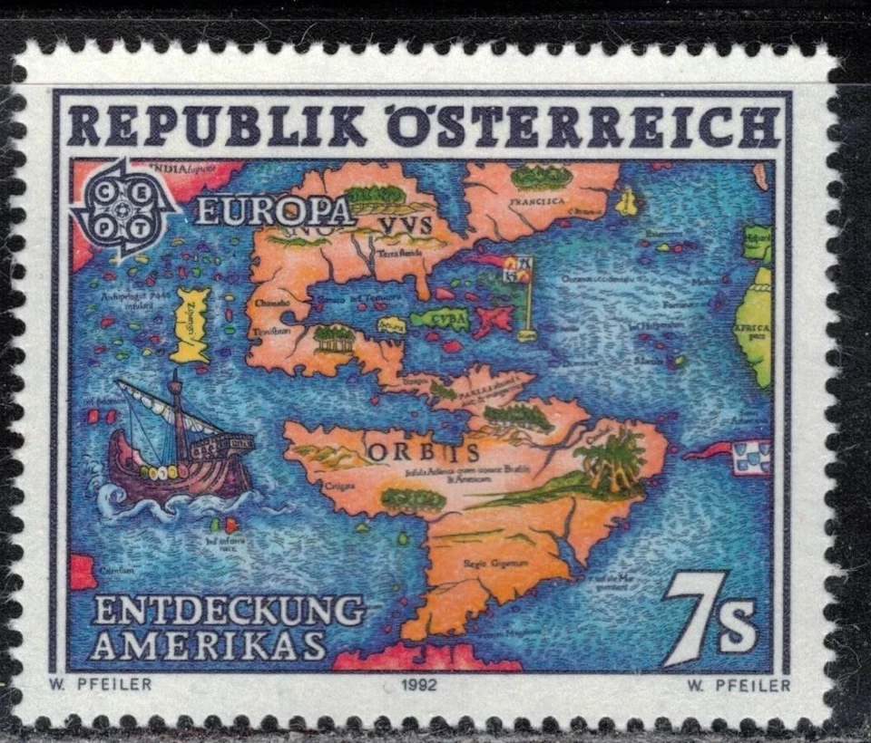 1992 Austria Europa CEPT MNH Discovery of America Map - Image 1 of 1