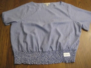 Michael Kors Damen 3X Geometrisches Muster Kurzarm Bluse Oberteil Blau Weiß Gummizug - Bild 1 von 10