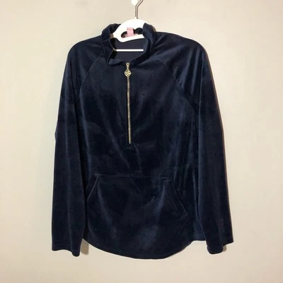 Lilly Pulitzer Mujer M Azul Terciopelo 1/4 Cremallera Manga Larga Jersey Bolsillo Canguro Foto 1 de 4