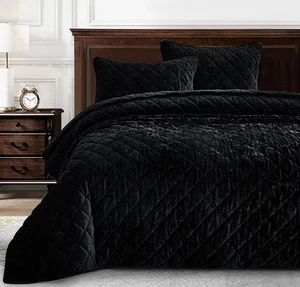 Lux Black Velvet Quilt Oversized King Set, 3-Piece Plush Distressed Velvet Be... - Picture 1 of 9
