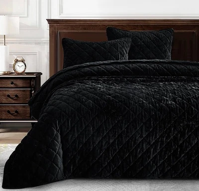 Lux Black Velvet Quilt Oversized King Set, 3-Piece Plush Distressed Velvet Be... - Image 1 of 4