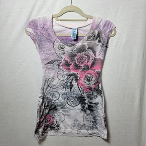 Y2k M Fasis by Cali blaues kurzärmliges Damen-T-Shirt Burn Out Rose Größe Small V-Ausschnitt  - Bild 1 von 5