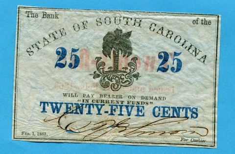 1863 CONFEDERATE STATE OF SOUTH CAROLINA 25 CENTS BANK NOTE ABOUT UNCIRCULATED Cover