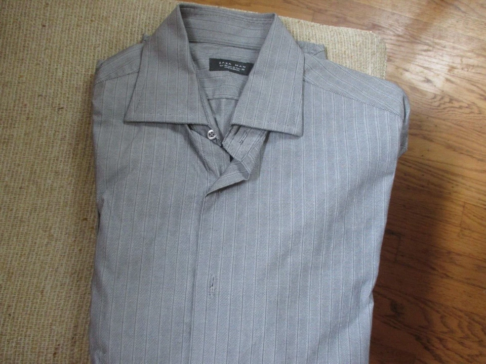 Camisa masculina Zara Man manga longa tamanho 15 algodão cinza listrada feita no Brasil - Imagem 1 de 1