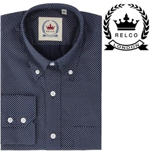 Camisa de algodón Relco para hombre azul blanco micro punto pin manga larga cuello abotonado - Imagen 1 de 1