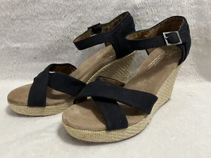 TOMS Black Open Cross Toe Wedge Heel Sandals Strap Buckle Womens W8 - Picture 1 of 11