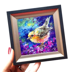 Original oil artwork Yellow bird small painting Bird Art framed 4x4in so - Picture 1 of 8