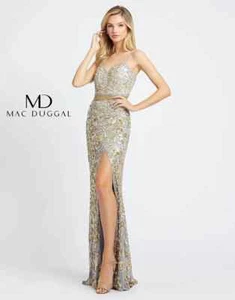 NEW MAC DUGGAL 4691 Prom Platinum Gold Sequin Embellished Thigh-High Slit $535 - Picture 1 of 5
