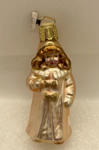 Vtg Christborn Glass Ornament Young Girl in Long Coat Hat Glitter Gold Bows Trim - Picture 1 of 16