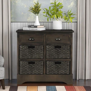Entryway Storage Cabinet Rattan Basket with 2 Drawers and 4Classic Rattan Basket - Picture 1 of 53