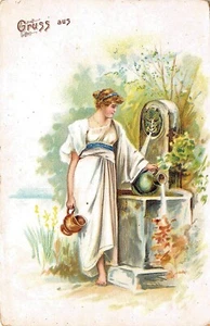 # K926 GRUSS AUS POSTCARD, LADY AT WATER FOUNTAIN - Picture 1 of 2
