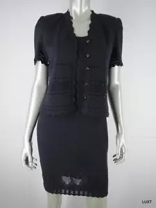 Set cardigan abito St John taglia 2 XS nero maglia manica corta occhielli capesante mini - Foto 1 di 12