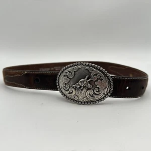 Nocona Silver Tone Rodeo Bull Riding Western Belt Buckle & Leather Belt Boy's XS - Picture 1 of 6