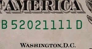 Four in a Row (52021111) Four of a Kind 1's  Fancy Serial Number $1 Dollar Bill  - Picture 1 of 3