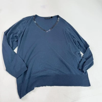 Suéter feminino Pamela Dennis 2X azul seda cashmere gola V bainha enfeitada - Imagem 1 de 4