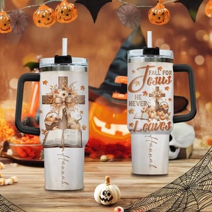 Personalized Christian Fall Tumbler 40oz | Fall for Jesus He Never Leaves Cup - Picture 1 of 7