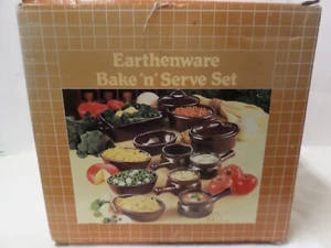 Vintage Earthenware Bake n Serve Set 13 Pieces Dark Brown Stoneware NEW - Picture 1 of 7