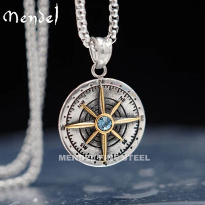 MENDEL Mens Womens Blue CZ Stone Nautical North Star Compass Pendant Necklace - Image 1 of 4