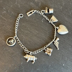 Vintage Sterling Silver Charm Bracelet 7 Charms 7” Unusual Ts - Picture 1 of 19
