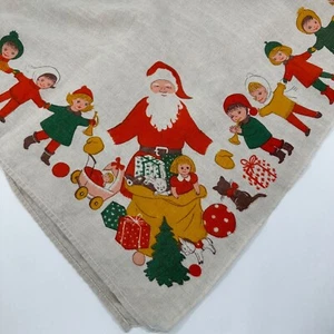 Vintage Linen Tablecloth Santa Children Holding Hands Christmas Trees 49"x45" - Picture 1 of 24