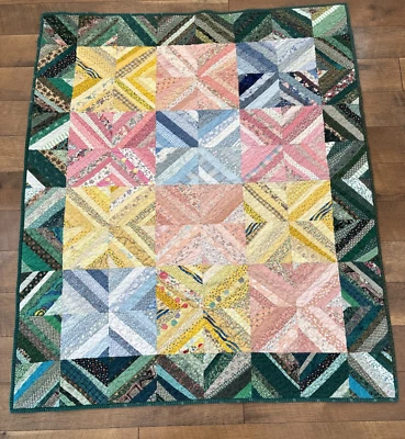 Handmade Lap Scrap Baby Quilt Patchwork Floral Flowers Blue Pink  x Inch Flaw - Image 1 of 4