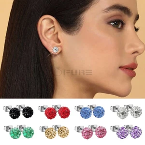 Pair of Crystal Disco Shamballa Ball 925 Sterling Silver 8MM Round Stud Earrings - Picture 1 of 108