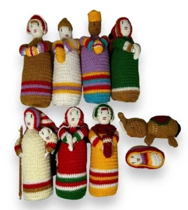 Set of 9 Folk Art Crochet Nativity Mary Jesus Jesus Shepherd Hand Knitted - Picture 1 of 9