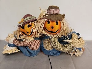 Halloween Gemmy Fiber Optic Lighted Pumpkin Sitting  Scarecrow  Couple 26" x 15 - Picture 1 of 12