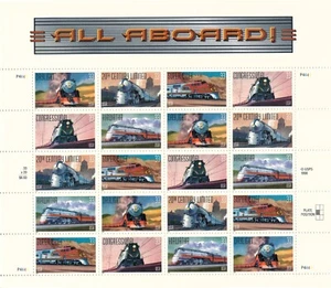All Aboard American Luxury Trains 1999 33¢ hoja MNH, Scott #3333-3337 - Imagen 1 de 2