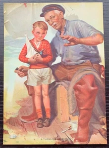 1950'S COLOR LITHO PRINT A THRILLING ADVENTURE YOUNG BOY OLD MAN FISHING 8X5 EX - Picture 1 of 2