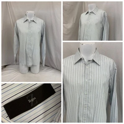Zegna Dress Shirt 17.5 34/35 White Black Blue Stripe Cotton Blend YGI O2-306 - Image 1 of 4