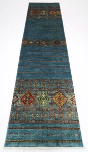 10 ft Hallway Turquoise Runner Rug Afghan Hand Knotted Veg Dye Wool Bedroom Rug - Picture 1 of 9