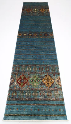 10 ft Hallway Turquoise Runner Rug Afghan Hand Knotted Veg Dye Wool Bedroom Rug - Image 1 of 4