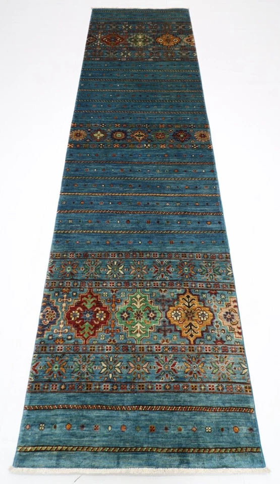 10 ft Hallway Turquoise Runner Rug Afghan Hand Knotted Veg Dye Wool Bedroom Rug - Image 1 of 4