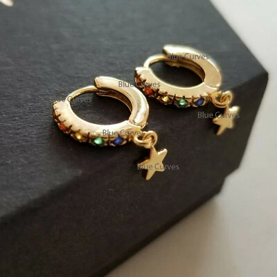 全新 彩虹蓝宝石星星 Huggies 18k 纯金环状耳环 珠宝首饰 — 第 1/3 张图片