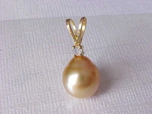 10MM X 11.5MM AAA GOLDEN SOUTH SEA PEARL & DIAMOND PENDANT SOLID 18K YELLOW GOLD - Picture 1 of 6