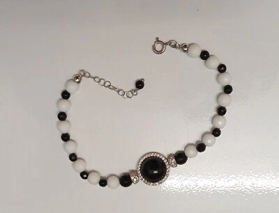 Bracciale Onice Nero Agata Bianc Con Zirconi Argento Gift Regalo Estate Summers - Immagine 1 di 4