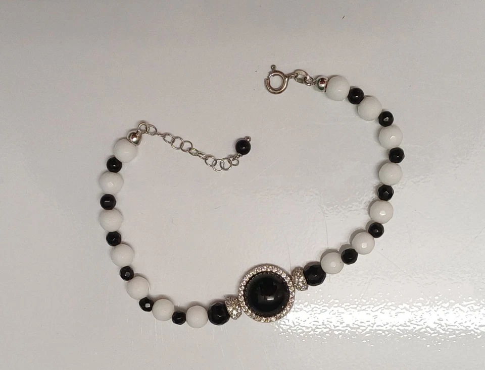 Bracciale Onice Nero Agata Bianc Con Zirconi Argento Gift Regalo Estate Summers - Immagine 1 di 4