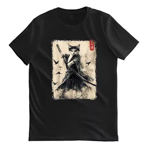 Samurai Cat Graphic Tee Warrior Vintage Japanese Art Anime T-Shirt - Picture 1 of 10
