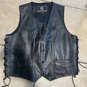 RARE Smith & Wesson Leather Black Lace Side Vest XL Bikercore Inside Pockets - Picture 1 of 8