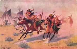Native Americans Indian Pony Race Signed John Innes Postcard - Picture 1 of 1