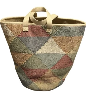 KILIM TOTE BASKET JUTE AND WOOL CHEVRON PATTERN NEW NO TAGS LARGE WELL MADE - Picture 1 of 7