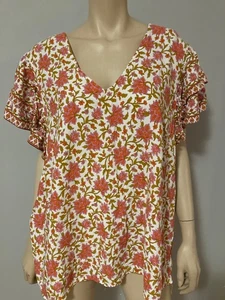 Cynthia Rowley Woman Plus 3X Floral Button Up Back Blouse Short Flutter Sleeve - Picture 1 of 5