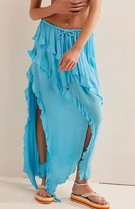 NEW FREE PEOPLE SPLISH SPLASH BLUE AMBIE RUFFLE MAXI SKIRT SZ L - Picture 1 of 7